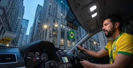 motorista brasileiro em Nova York dirigindo por Wall Street com bandeira do Brasil no carro