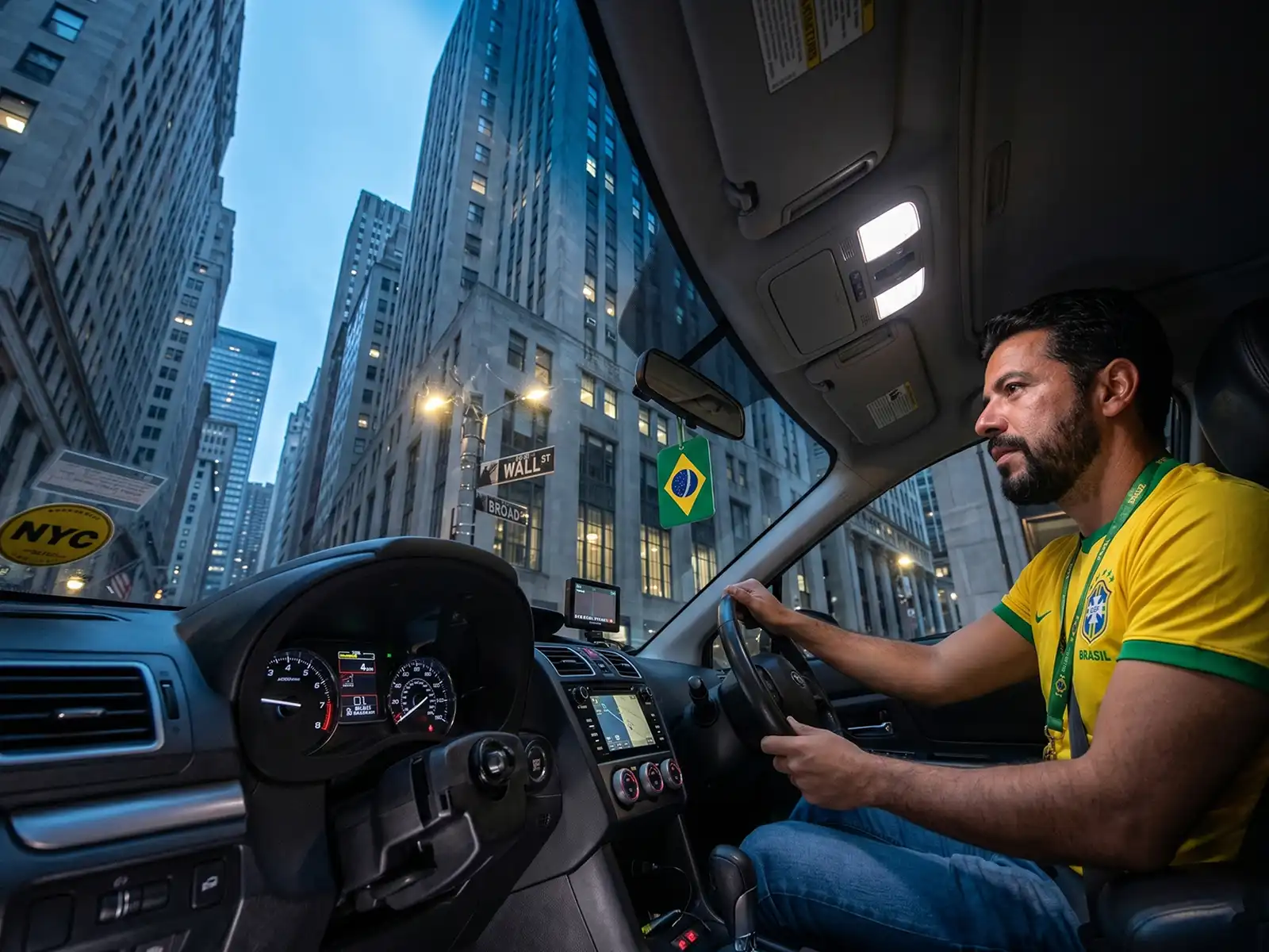 motorista brasileiro em Nova York dirigindo por Wall Street com bandeira do Brasil no carro