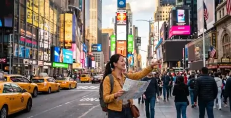 Turista com mapa em Times Square durante roteiro de 4 dias em Nova York