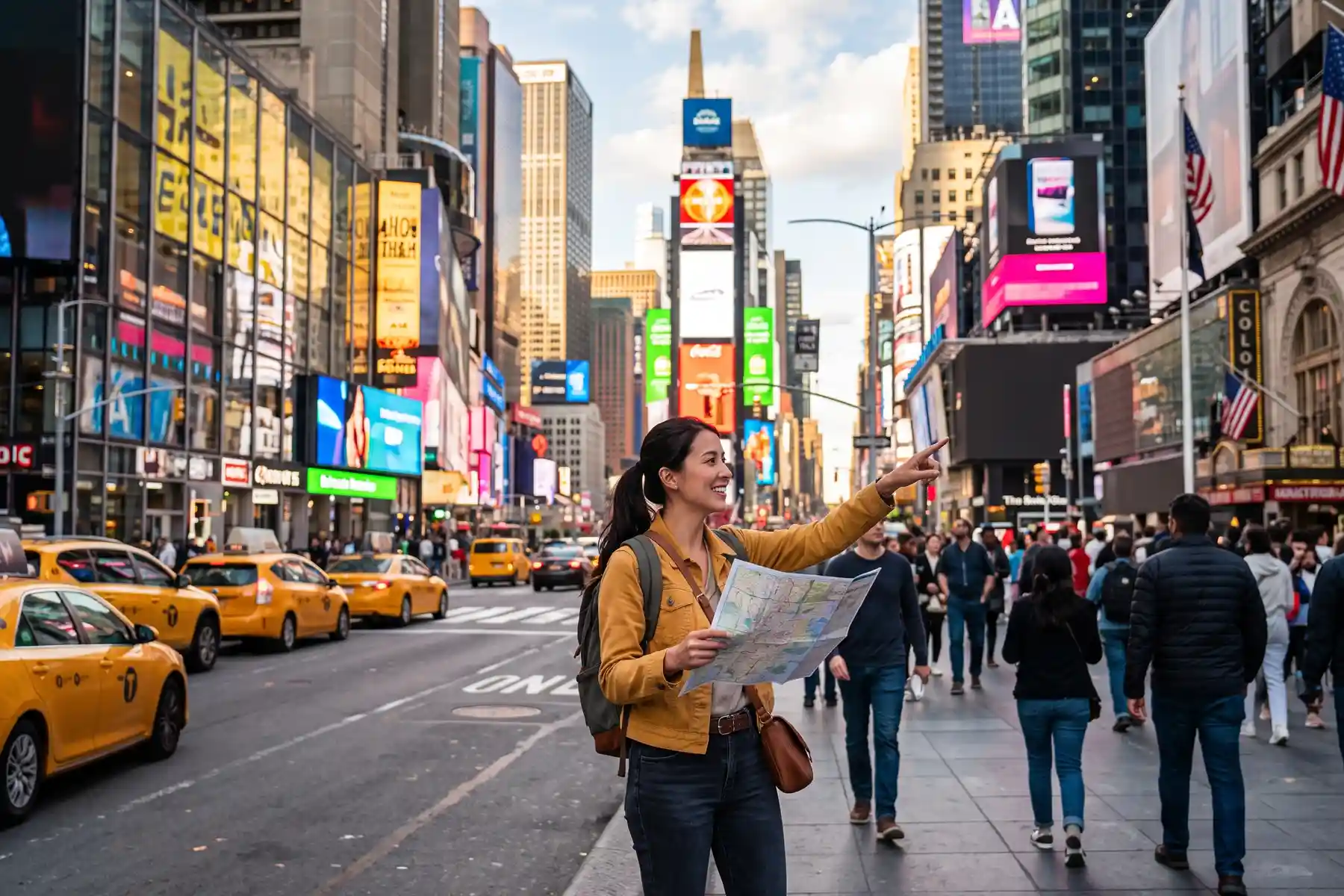 Turista com mapa em Times Square durante roteiro de 4 dias em Nova York
