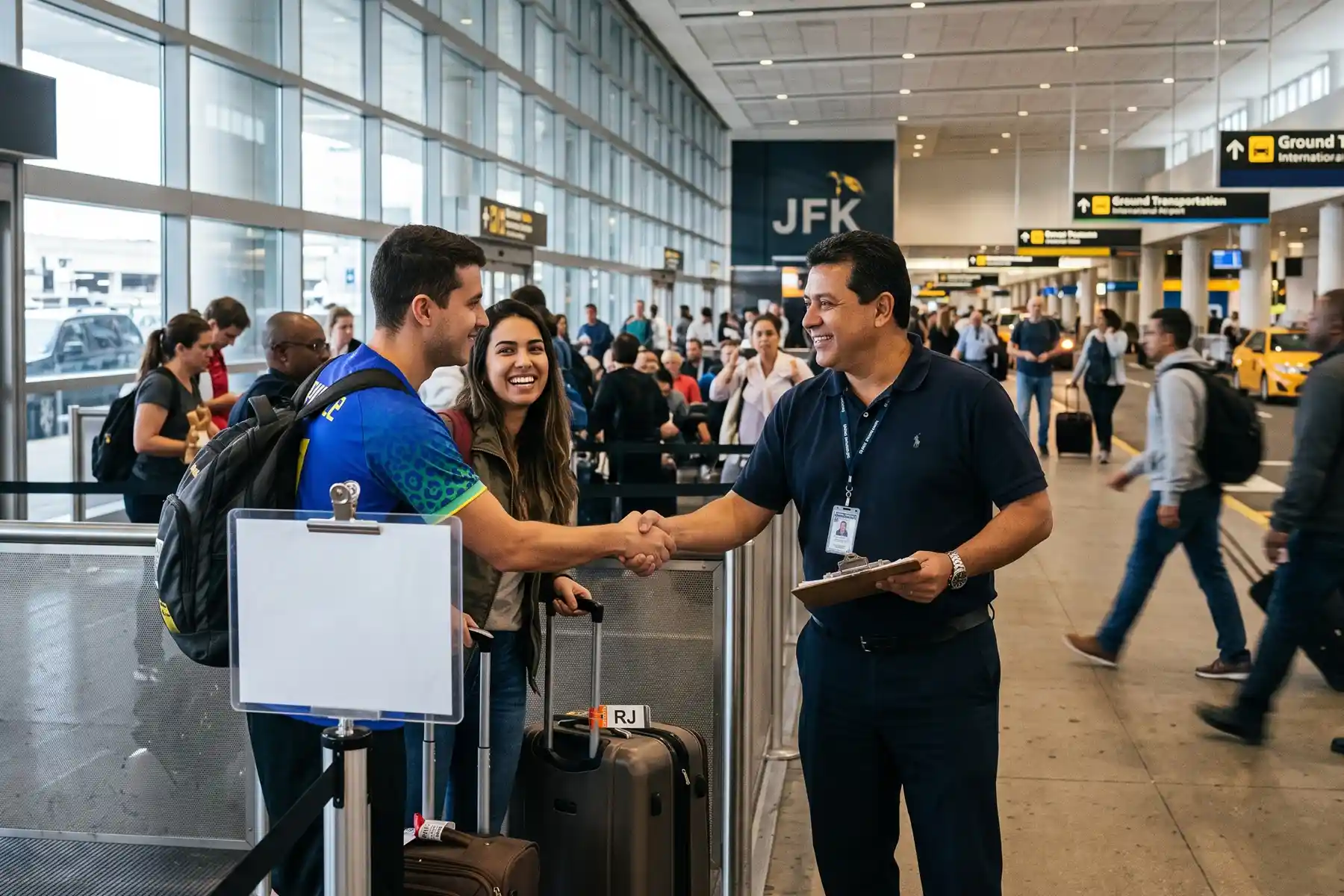 Transfer Brasileiro Aeroporto JFK com motorista recebendo passageiros brasileiros na área de desembarque do aeroporto.