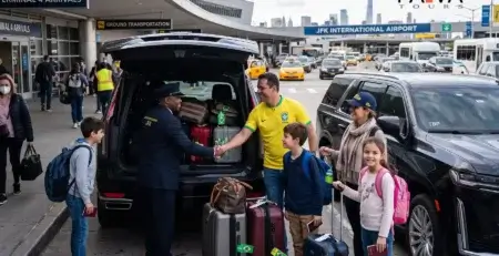 Motorista brasileiro fazendo transfer aeroporto JFK, ajudando família com as malas no Terminal 4