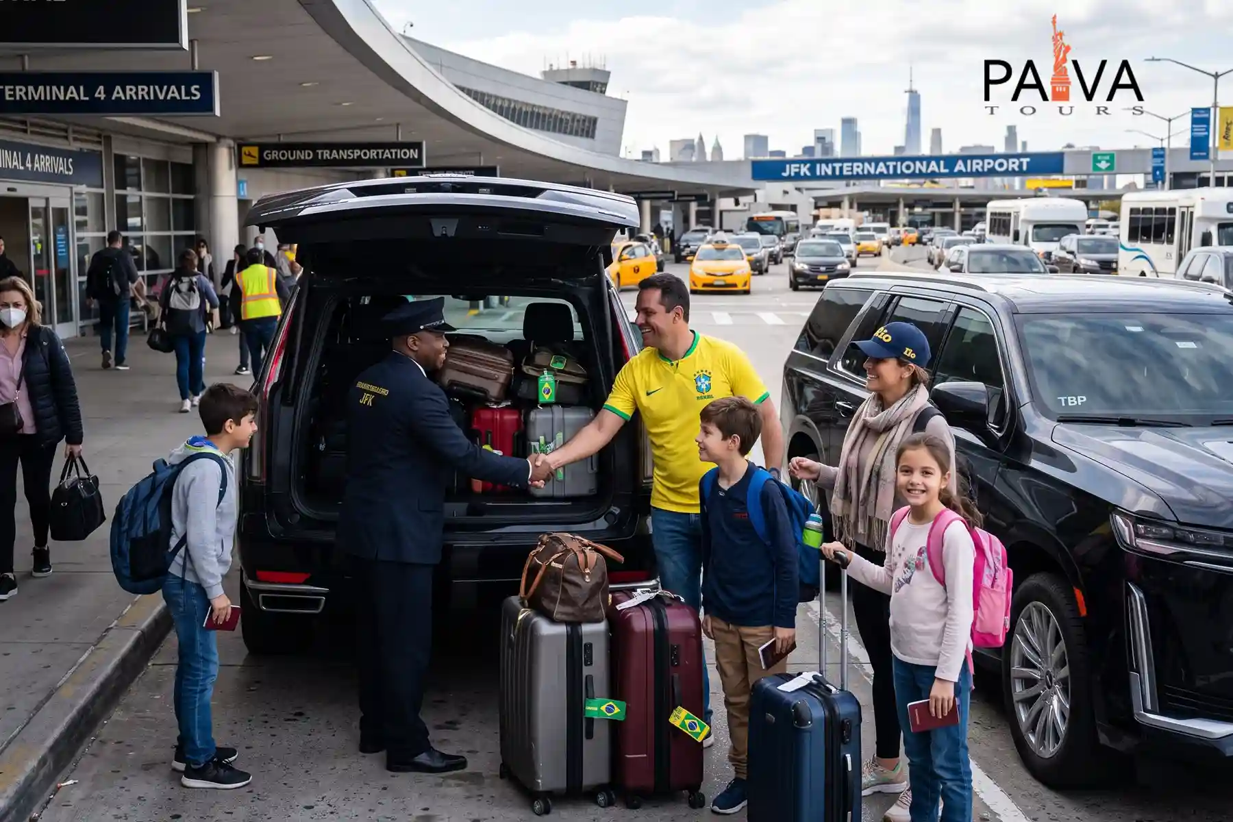 Motorista brasileiro fazendo transfer aeroporto JFK, ajudando família com as malas no Terminal 4