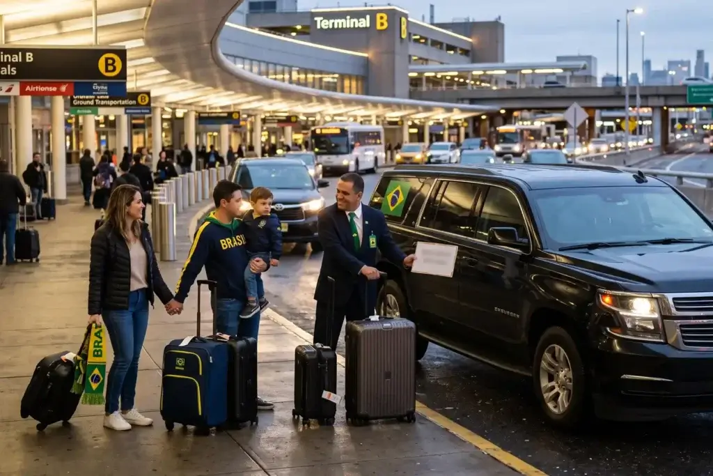 Transfer Brasileiro Aeroporto Newark service at Terminal B Arrivals featuring a black Chevrolet SUV with a Brazilian flag sticker, staff handing items to passengers with luggage in a busy airport setting.