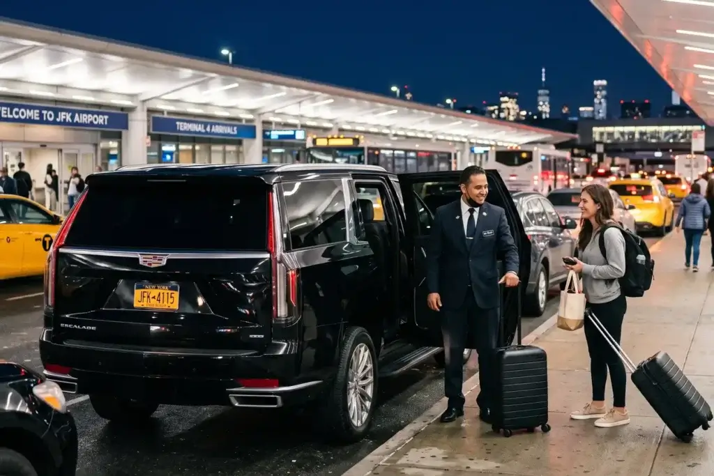Traslado Aeroporto JFK com motorista profissional ajudando passageira com malas em frente ao Terminal 4.