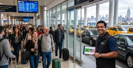 Motorista brasileiro recebe casal de turistas no desembarque do aeroporto para Citytour Brasileiro Nova York