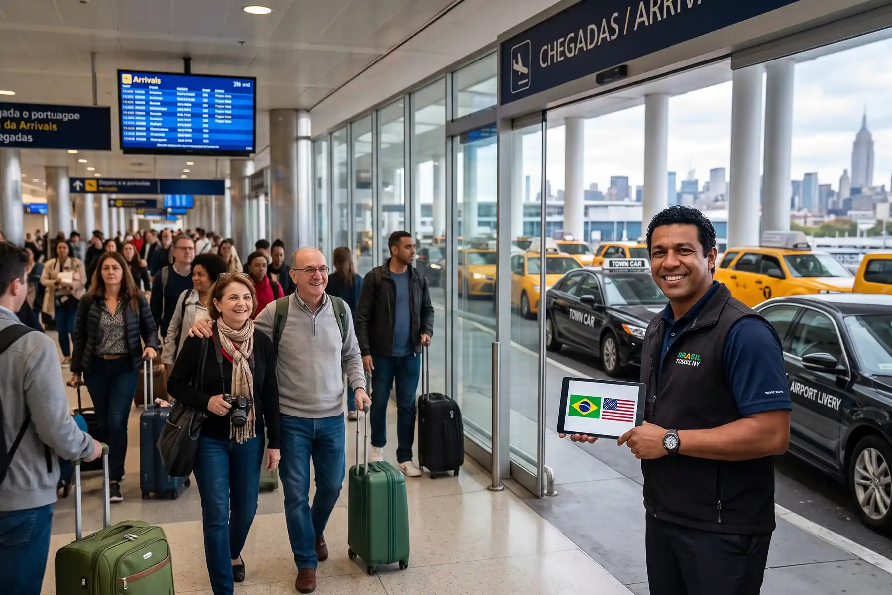 Motorista brasileiro recebe casal de turistas no desembarque do aeroporto para Citytour Brasileiro Nova York