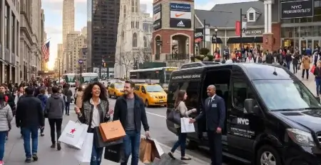 Casal fazendo compras Nova York com sacolas da Macy's, Coach e Sephora ao lado de van de transfer bilíngue em Manhattan, com Empire State Building e St. Patrick's Cathedral ao fundo.