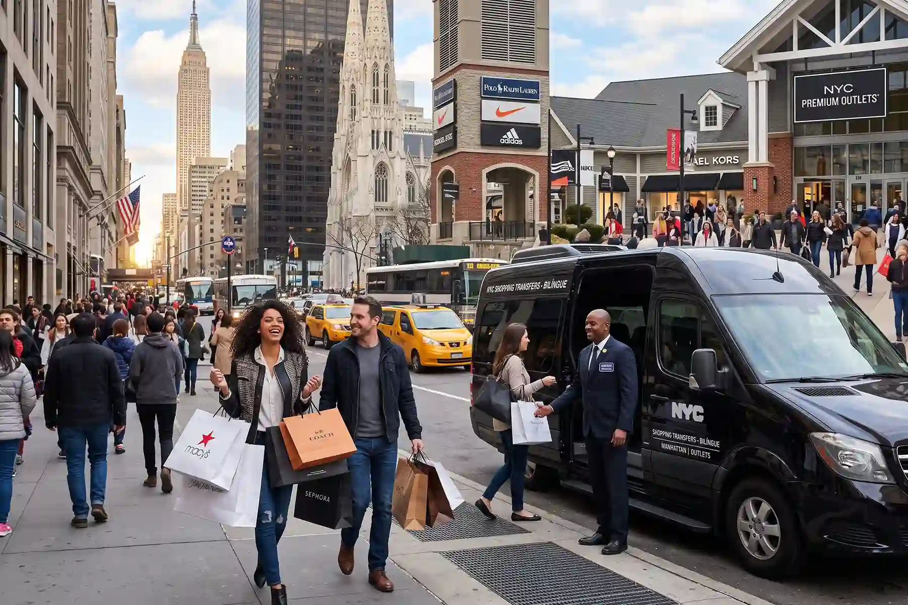 Casal fazendo compras Nova York com sacolas da Macy's, Coach e Sephora ao lado de van de transfer bilíngue em Manhattan, com Empire State Building e St. Patrick's Cathedral ao fundo.