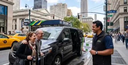 Motorista brasileiro Nova York recebendo casal de turistas com placa de boas-vindas em frente a van na Fifth Avenue