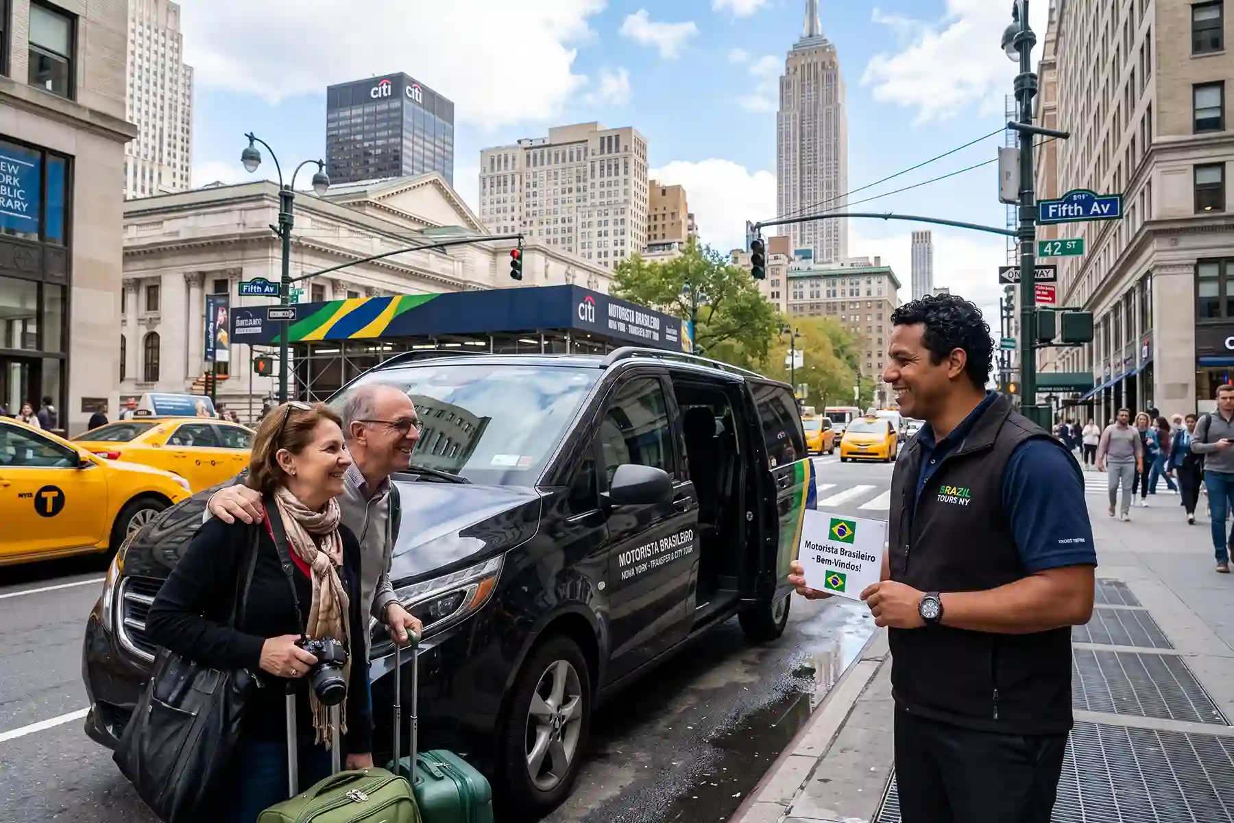 Motorista brasileiro Nova York recebendo casal de turistas com placa de boas-vindas em frente a van na Fifth Avenue