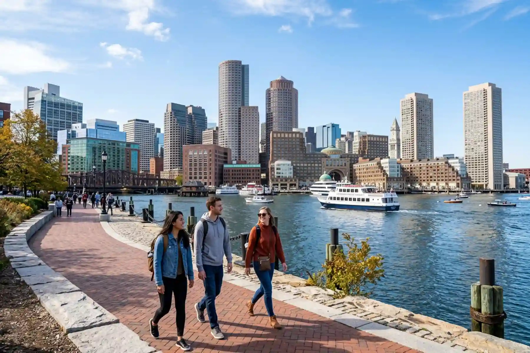 Passeio Boston pela orla com turistas caminhando diante do skyline e do porto de Boston