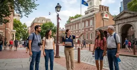 Passeio Philadelphia com guia turístico explicando a história do Independence Hall para grupo de viajantes
