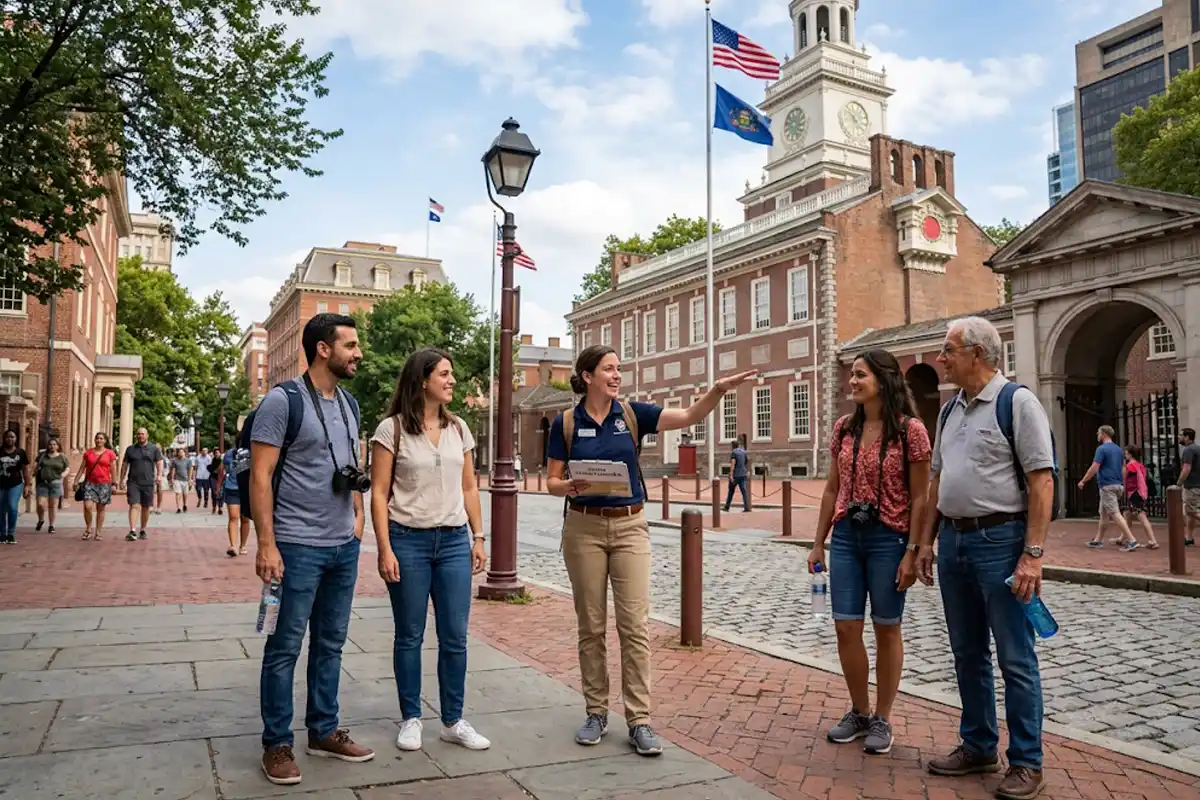 Passeio Philadelphia com guia turístico explicando a história do Independence Hall para grupo de viajantes