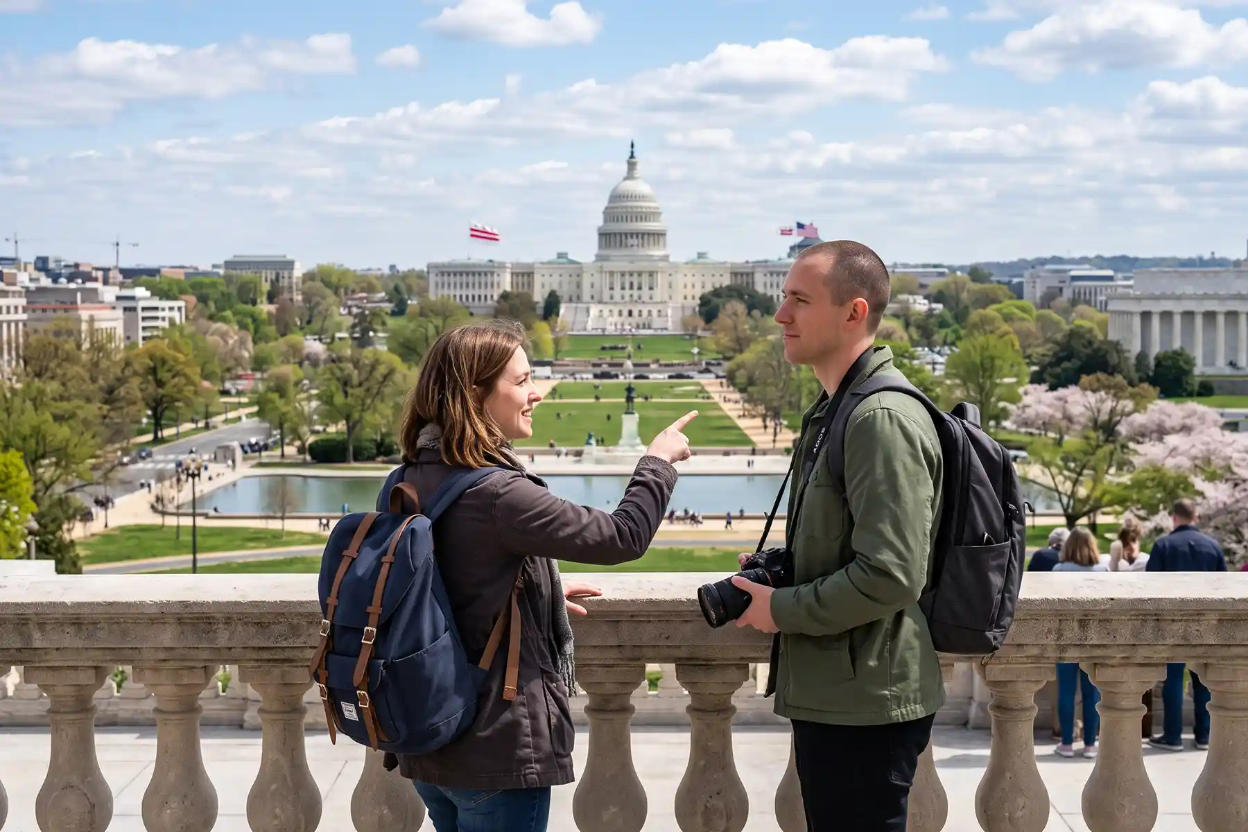 Casal fazendo um passeio Washington DC com vista para o Capitólio e o National Mall