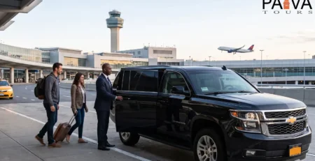 Traslado Aeroporto JFK: motorista de terno recebendo casal de passageiros com bagagem ao lado de van executiva no desembarque