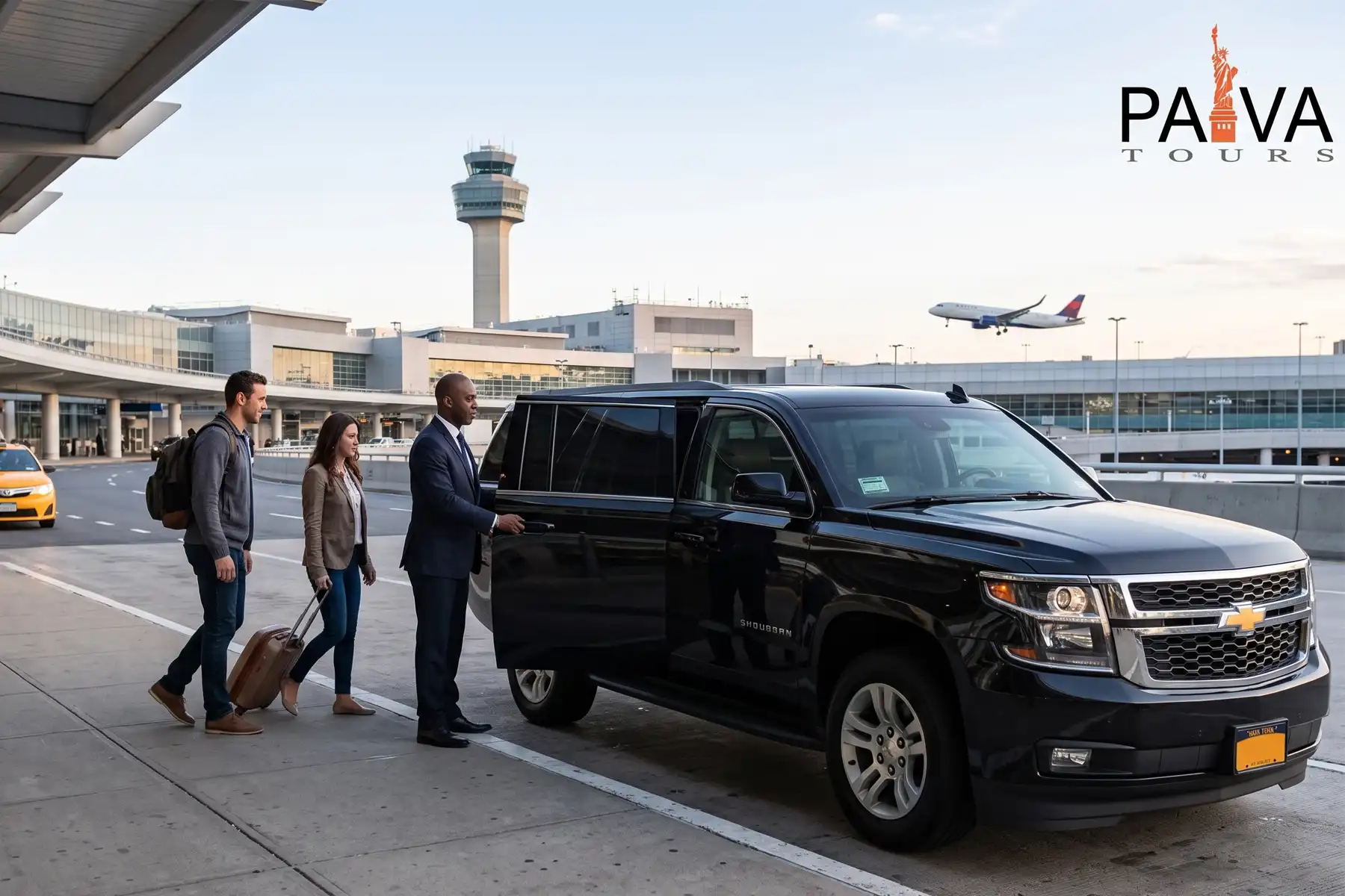 Traslado Aeroporto JFK: motorista de terno recebendo casal de passageiros com bagagem ao lado de van executiva no desembarque
