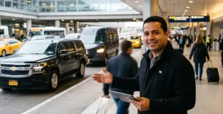 Motorista brasileiro JFK sorrindo com um tablet e apontando para SUV e van pretos no desembarque do aeroporto de Nova York