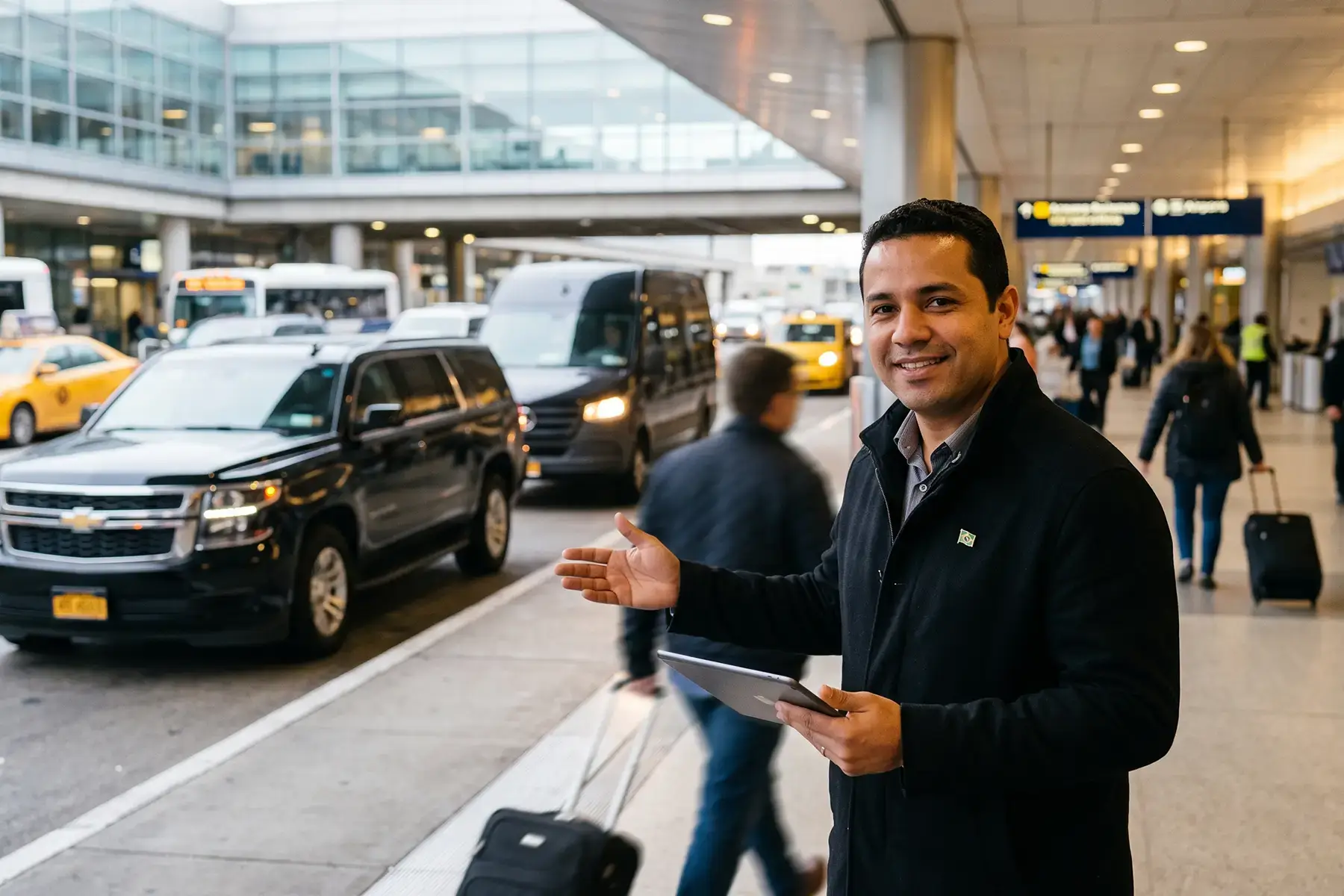 Motorista brasileiro JFK sorrindo com um tablet e apontando para SUV e van pretos no desembarque do aeroporto de Nova York