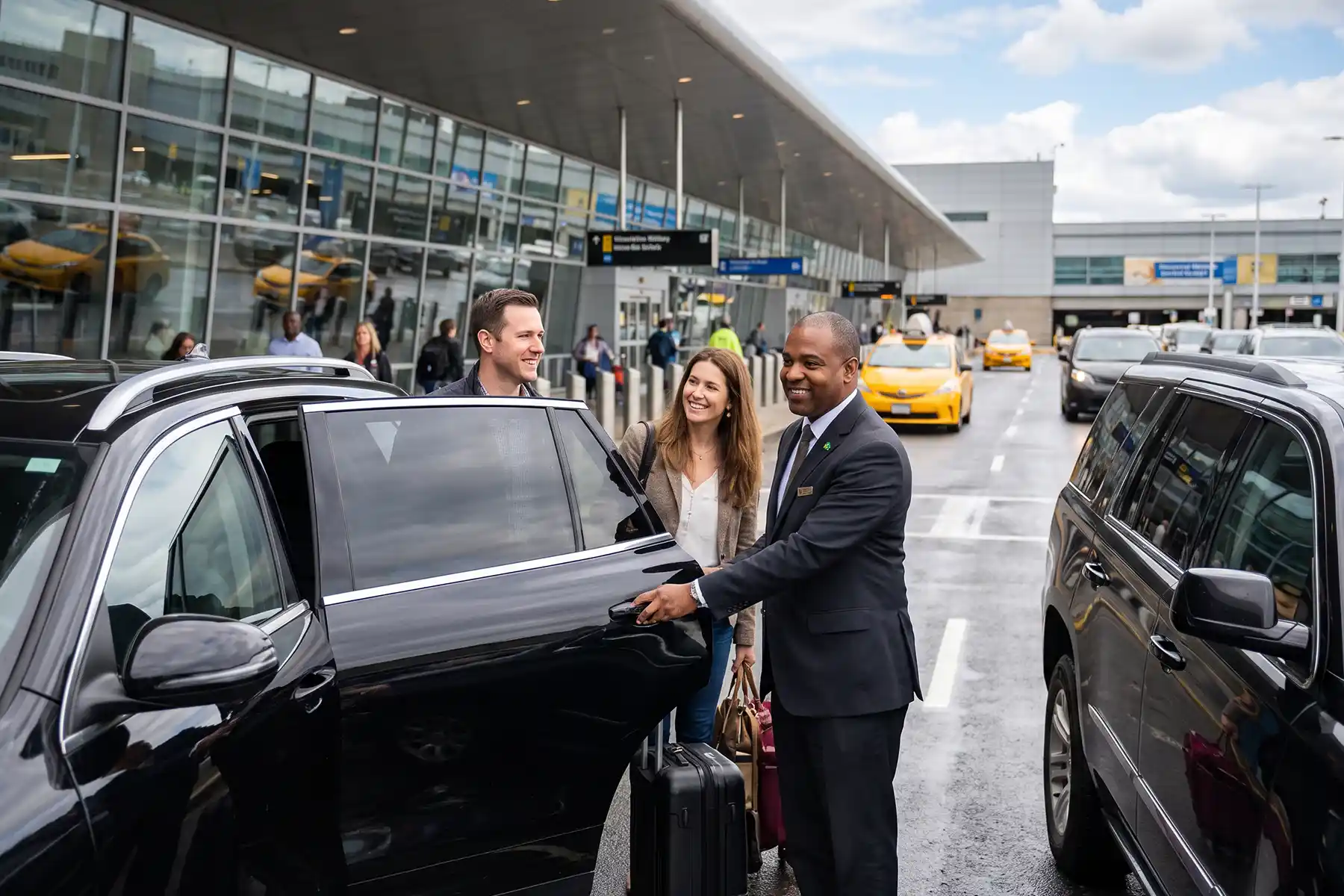 Motorista brasileiro Newark Airport abre a porta de um SUV preto para um casal com malas na frente do terminal