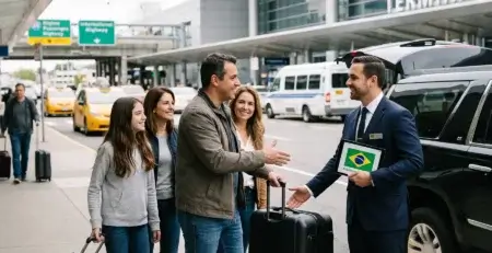Família brasileira recebida por motorista com tablet da bandeira do Brasil no desembarque do aeroporto JFK, em Nova York