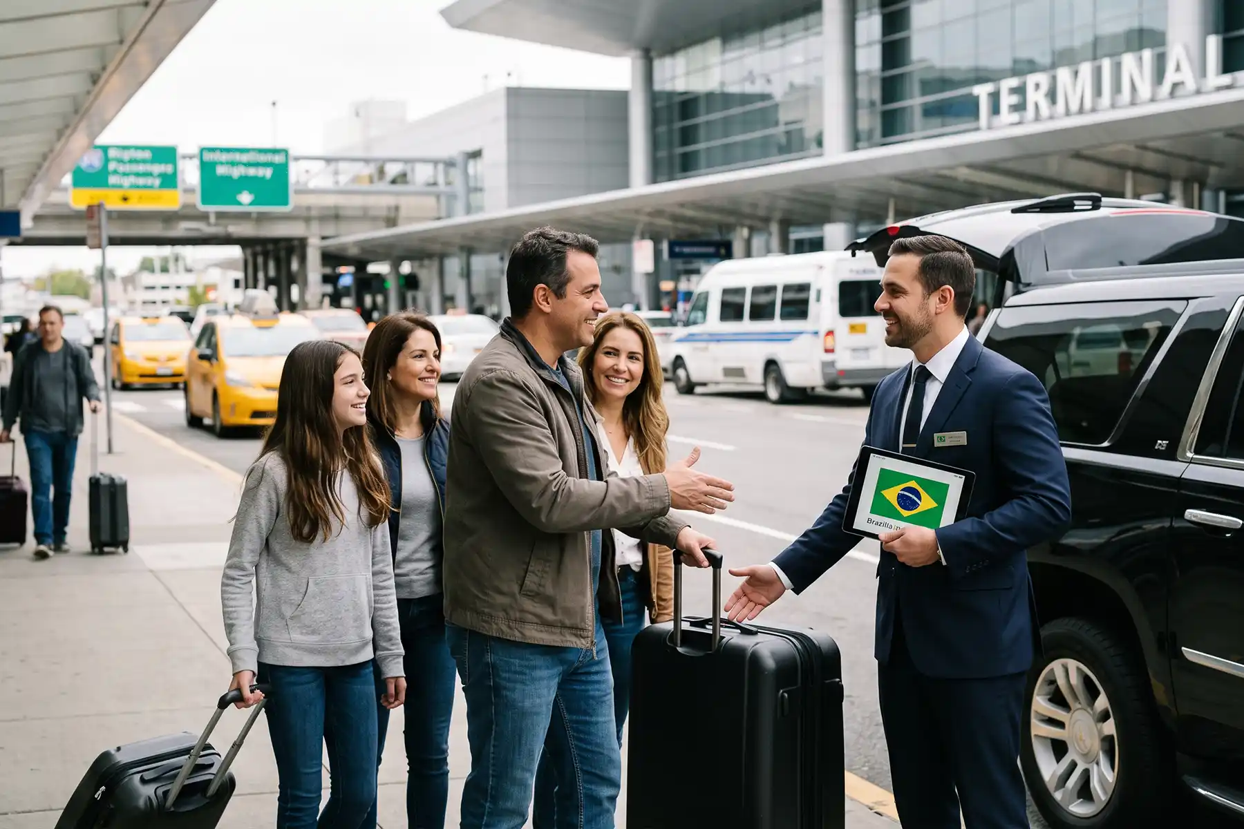 Família brasileira recebida por motorista com tablet da bandeira do Brasil no desembarque do aeroporto JFK, em Nova York