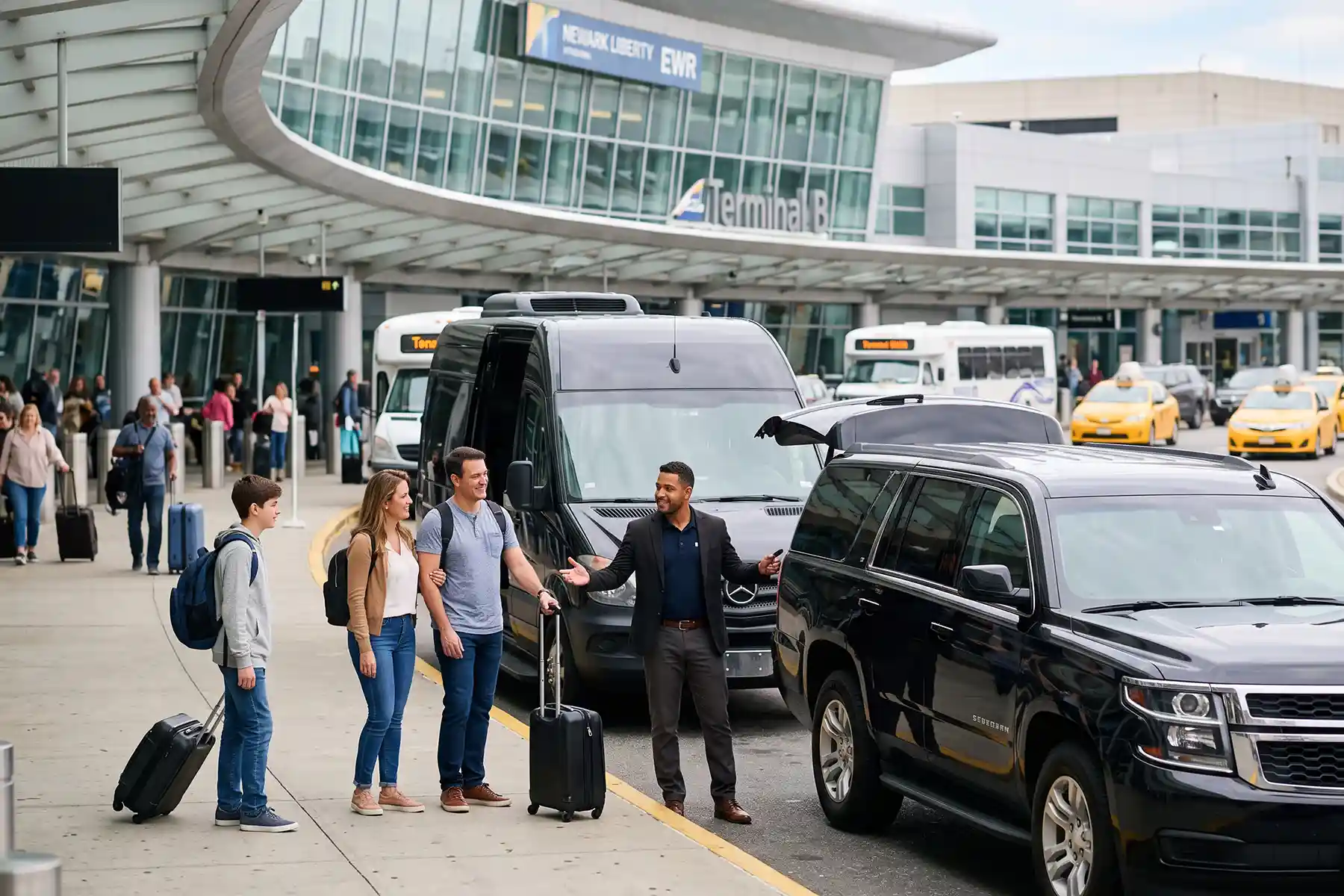 Família com malas sendo recebida por motorista em frente a um SUV e uma van no Terminal B do aeroporto de Newark, em um transfer brasileiro Newark Airport