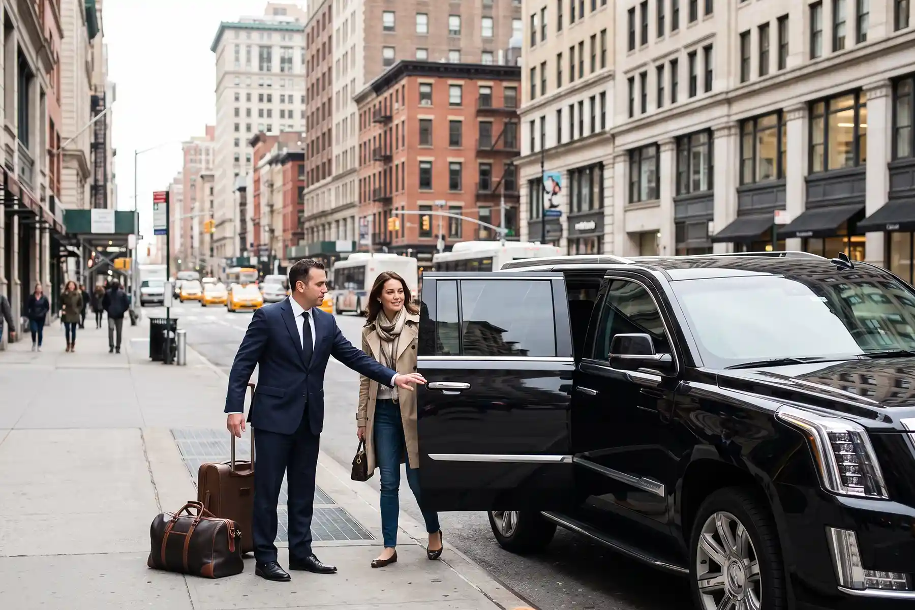 Motorista abre a porta de um SUV preto para passageira em rua de Nova York, em serviço de transfer brasilero Nova York